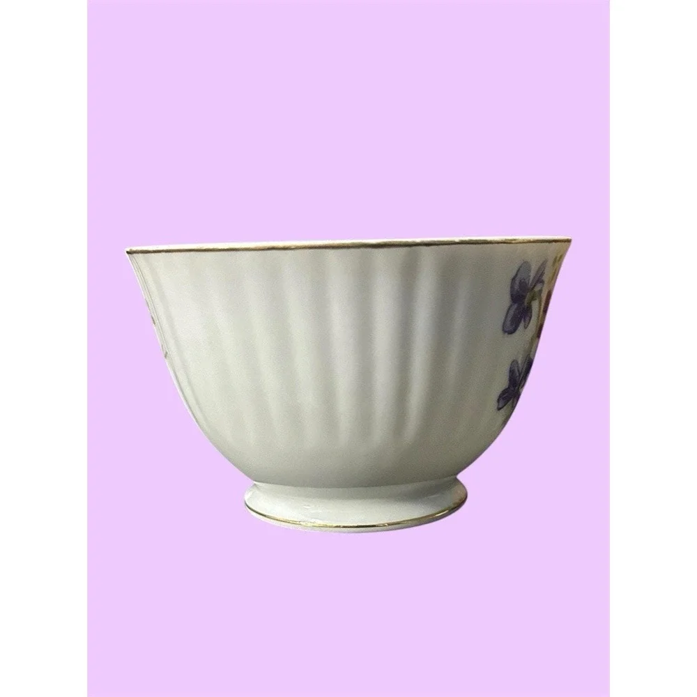 VTG Purple Violet Teacup Saucer Made in Japan Gold Trim Swirl Floral Mid Century